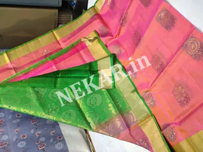 Picture of Borderless Peach and Green Kalamkari Uppada Soft Silk Saree