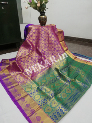 Picture of Blue and Purple Bridal Kancheepuram Handloom Silk Saree