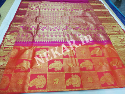 Picture of Checkered Red and Pink Bridal Kancheepuram Handloom Silk Saree