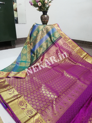 Picture of Blue Green and Purple Bridal Kancheepuram Handloom Silk Saree