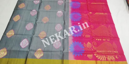 Picture of Ash and Red Meenamkari Soft Silk Saree