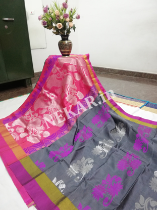 Picture of Ash and Pink Soft Silk Saree