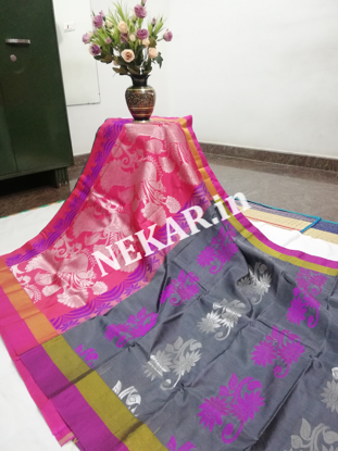 Picture of Ash and Pink Soft Silk Saree