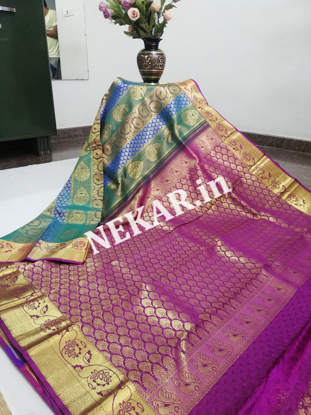 Picture of Blue Green and Purple Bridal Kancheepuram Handloom Silk Saree