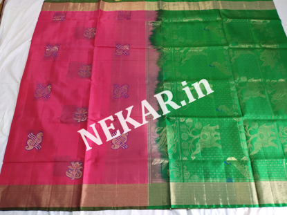 Picture of Borderless Pink and Parrot Green Kalamkari Uppada Soft Silk Saree