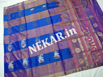 Picture of Borderless Blue and Violet Strips Soft Silk Saree