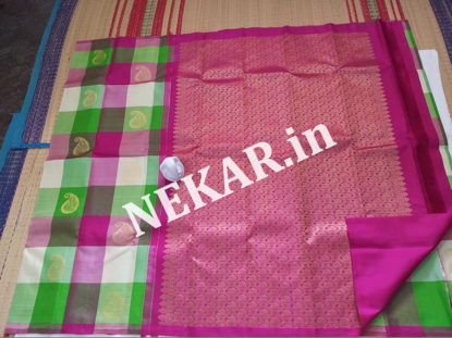 Picture of Borderless Checkered Multi-Colour Pink Green Handloom Silk Saree