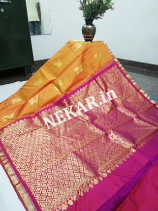 Picture of Borderless Gold and Purple Pure Soft Silk Saree