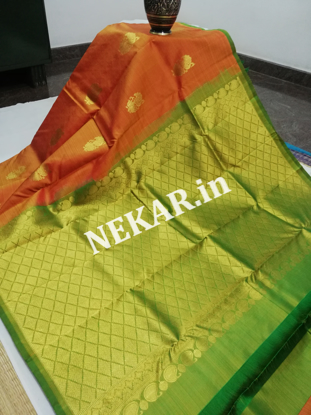 Picture of Borderless Orange and Parrot Green Pure Soft Silk Saree