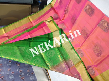 Picture of Borderless Peach and Green Kalamkari Uppada Soft Silk Saree