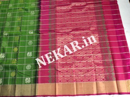 Picture of Checkered Mehandi Green and Pink Uppada Soft Silk Saree