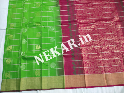 Picture of Checkered Parrot Green and Pink Uppada Soft Silk Saree