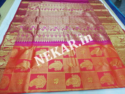 Picture of Checkered Red and Pink Bridal Kancheepuram Handloom Silk Saree