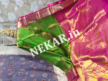 Picture of Green and Pink Bridal Kancheepuram Handloom Silk Saree