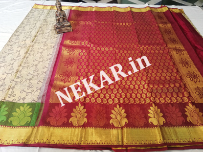 Picture of Half White and Red Bridal Kancheepuram Handloom Silk Saree