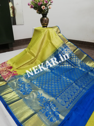 Picture of Lemon Yellow and Blue Bridal Kancheepuram Handloom Silk Saree