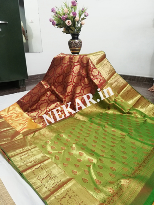 Picture of Maroon and Green Bridal Kancheepuram Handloom Silk Saree