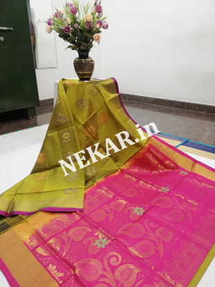 Picture of Mehandi Green and Pink Meenamkari Soft Silk Saree