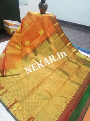 Picture of Orange and Green Double Warp Wedding Silk Saree