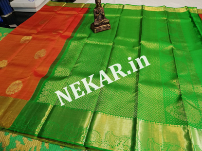 Picture of Orange and Parrot Green Kancheepuram Handloom Silk Saree