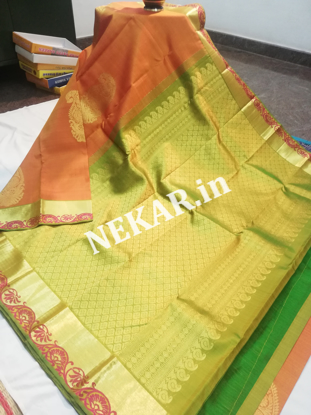 Picture of Orange and Parrot Green Pure Soft Silk Saree