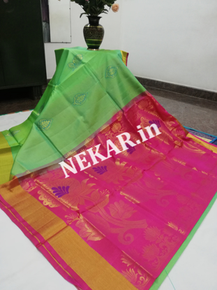 Picture of Parrot Green and Pink Meenamkari Soft Silk Saree