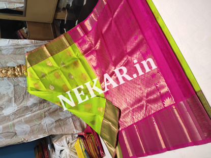 Picture of Parrot Green and Pink pure Silk Saree