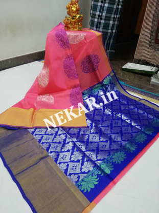 Picture of Pink and Blue Meenamkari Soft Silk Saree