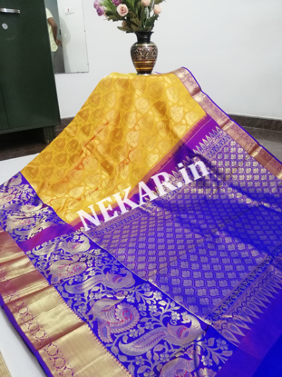 Picture of Yellow and Blue Bridal Kancheepuram Handloom Silk Saree