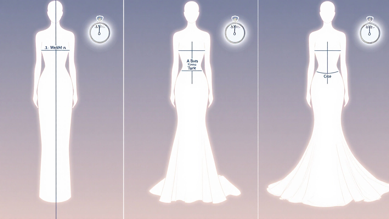 Artistic collage showing dress silhouettes and measurement lines symbolizing weight and size influences on royal gowns.