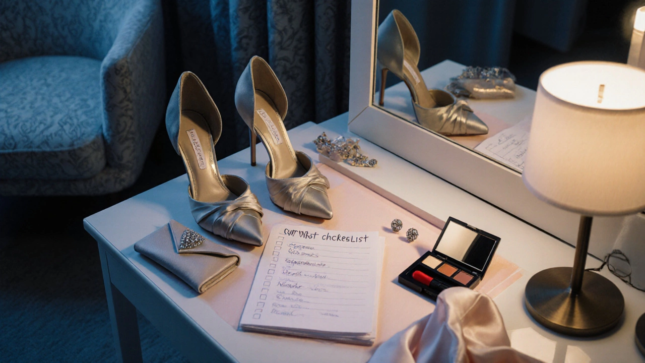 Bedroom vanity with checklist, shoes, clutch, earrings, and makeup ready for an event.