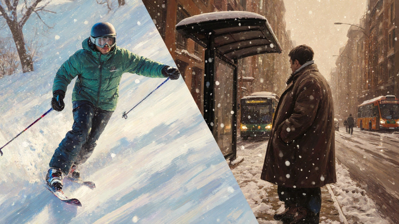 City street split scene: skier in a breathable jacket on left, commuter in a wool coat on right.