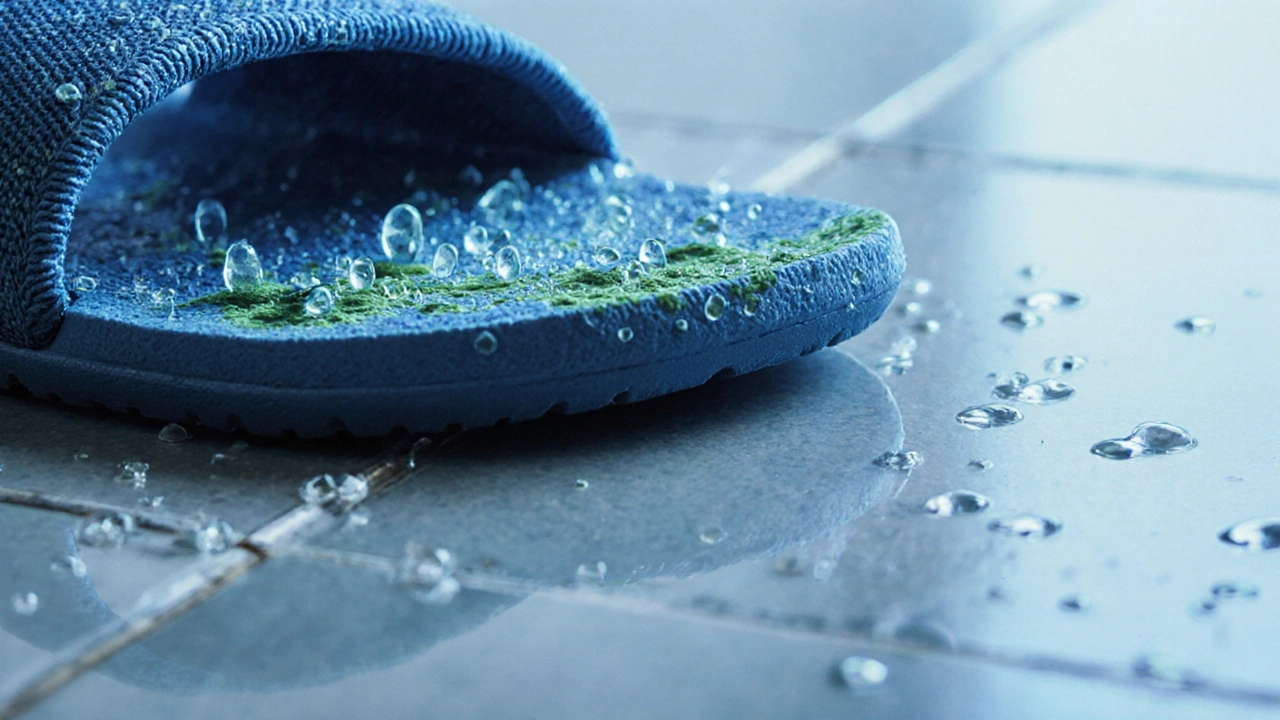Close‑up of slippery slipper sole on tile with visible damp mold and bacterial specks.