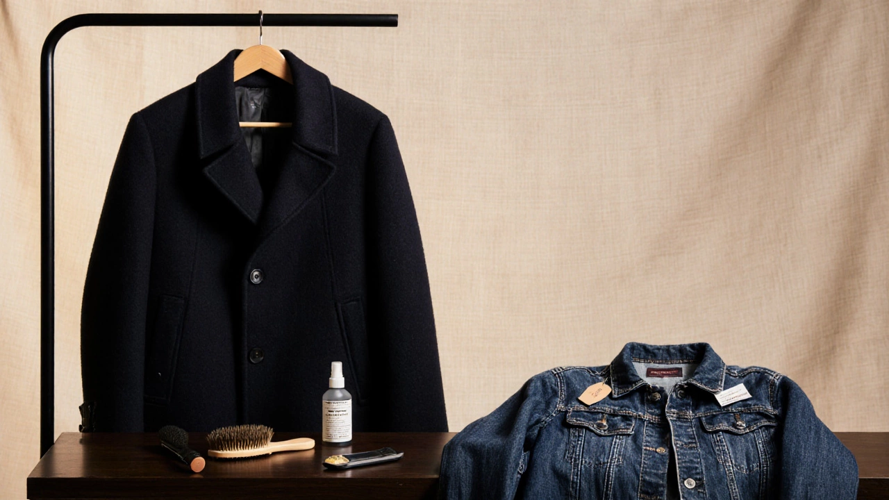 Coat on a padded hanger with care tools beside a folded jacket.