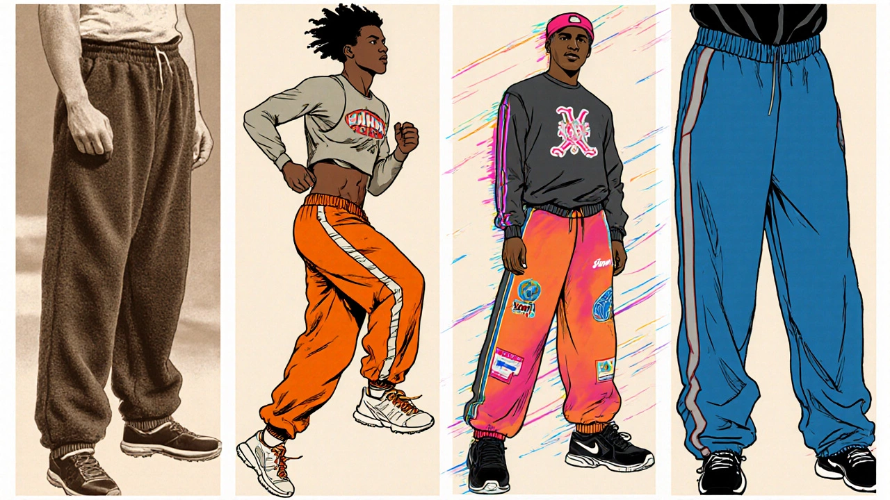 Comic‑style timeline illustrating sweatpants evolution from the 1920s to present.