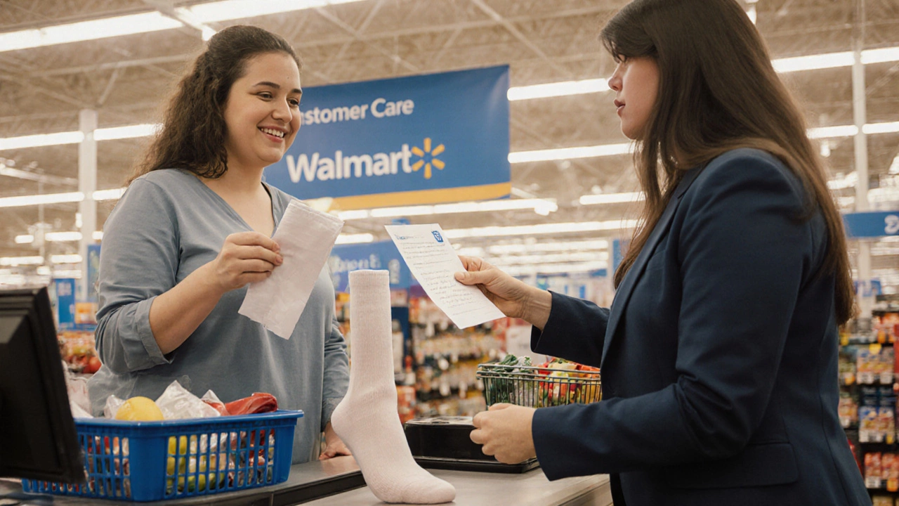 Customer in slip‑resistant socks receives a disposable foot cover from a manager.