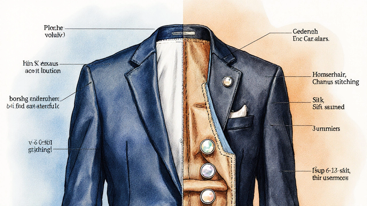 Cut‑away illustration comparing fused‑canvas cheap suit and full‑canvas luxury suit.