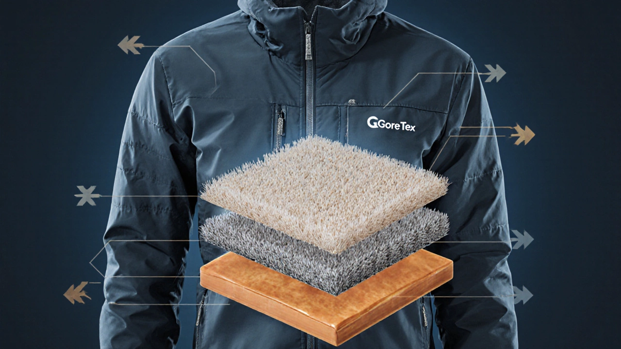 Cut‑away view of a jacket showing outer shell, down insulation, and lining layers with heat flow.