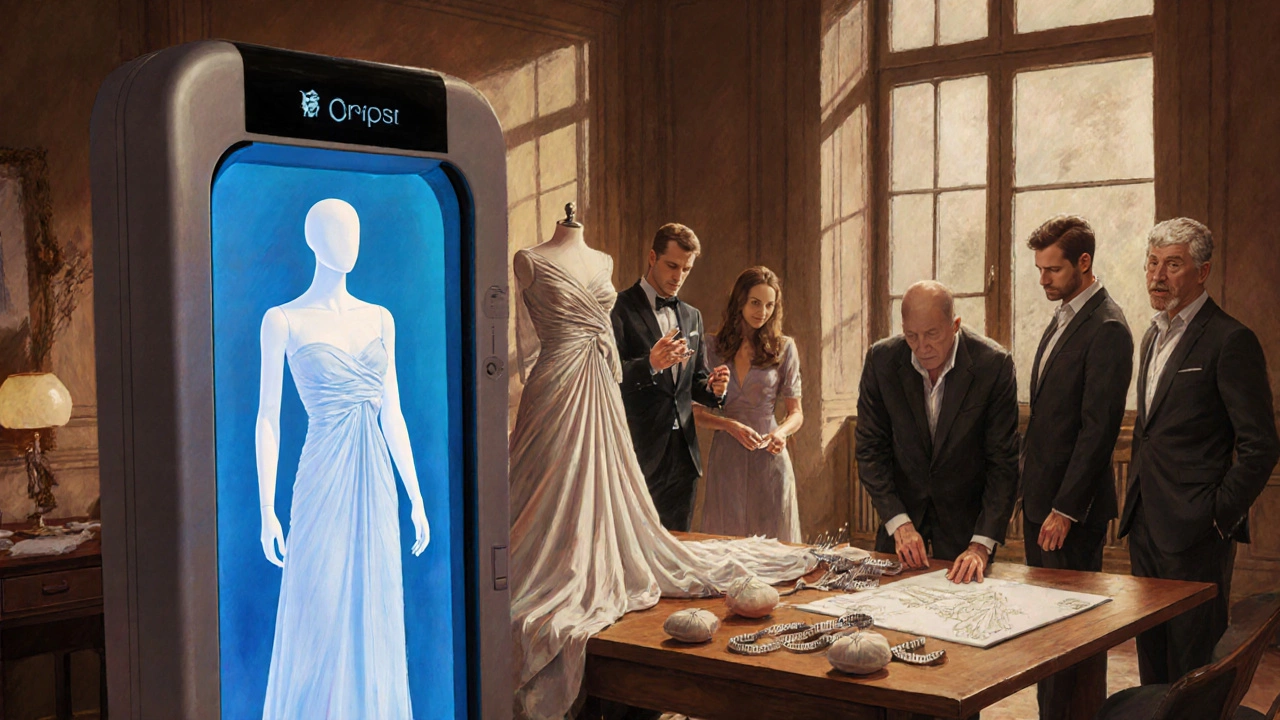 Designers and tailors using a 3D body scanner and fabric samples to create a custom gown for Kate Middleton.