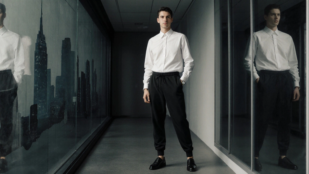 Fashion editorial of a model in sleek black performance sweatpants paired with a white shirt in an office.