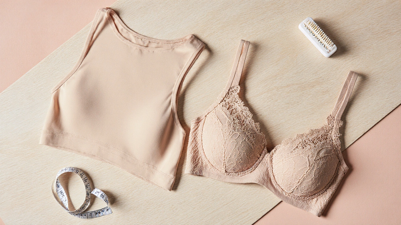 Flat‑lay of three bras—seamless, regular, and sports—displayed side by side on a light wood surface.