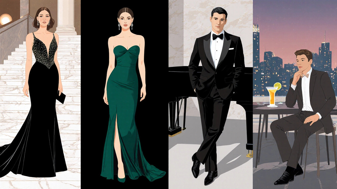 Four models illustrate black tie, black tie optional, formal, and cocktail dress codes.