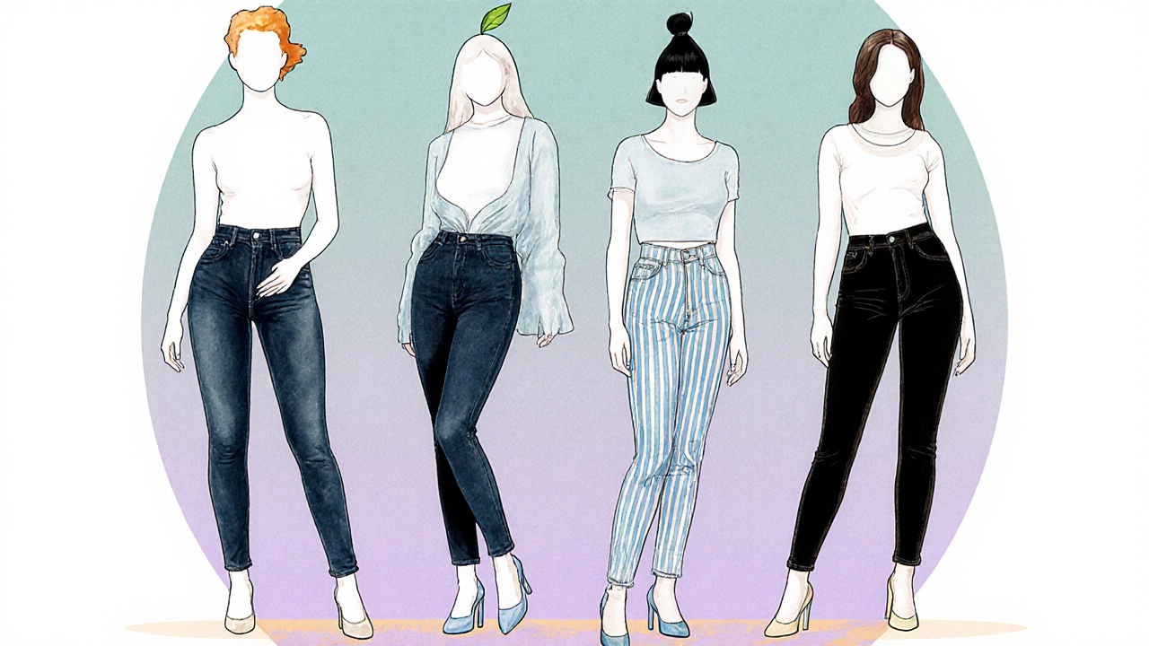 Illustration of four body shapes each wearing high‑rise skinny jeans.