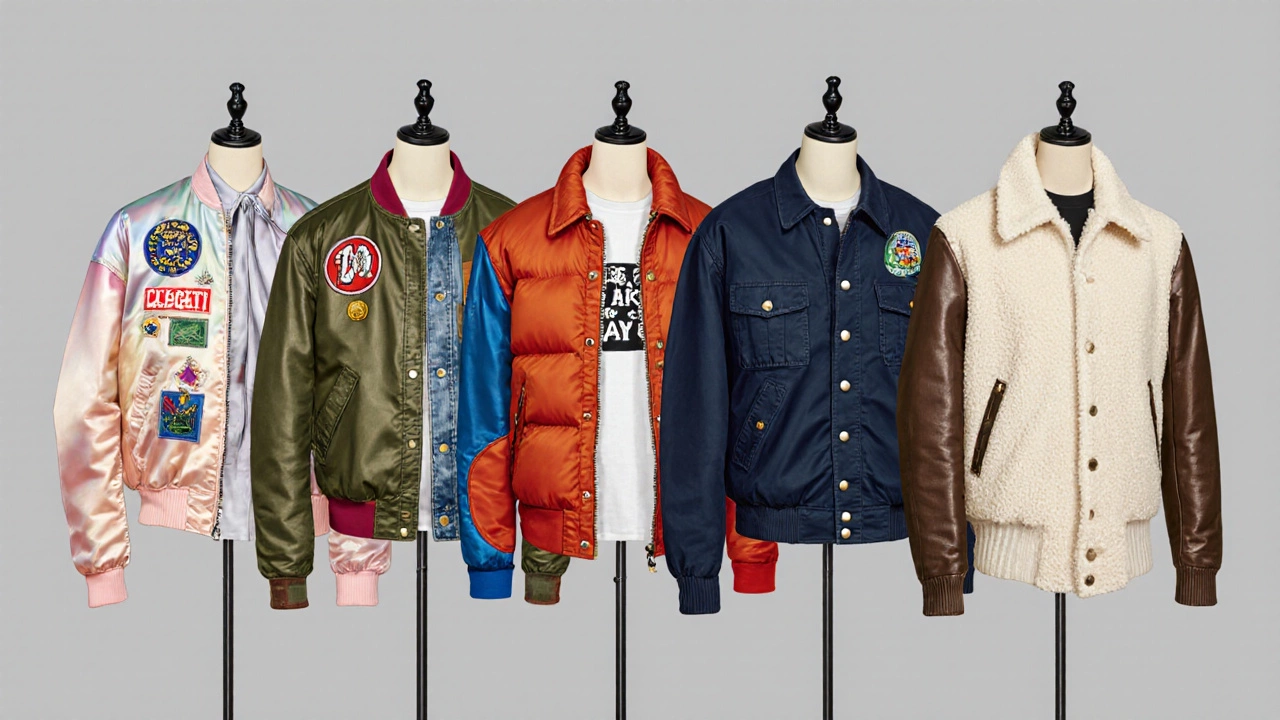 Illustration of seven jacket styles displayed on mannequins against a gray background.