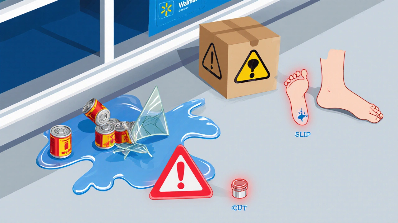 Illustration showing floor hazards like spills and sharp objects threatening barefoot feet.