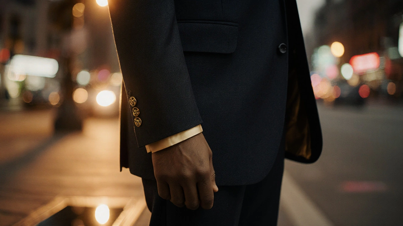 Man in fitted dark suit with horn button standing on city sidewalk at dusk.