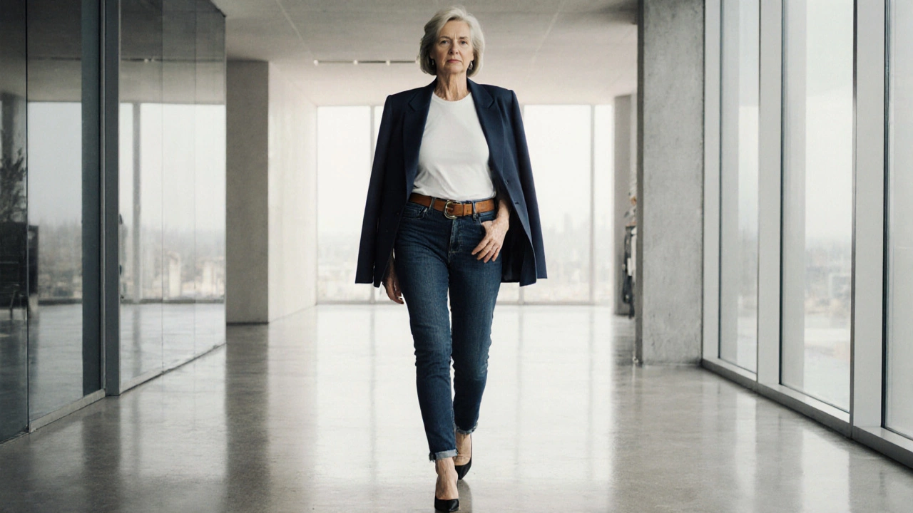 Mature woman in a blazer and dark skinny jeans walking in a modern office hallway.