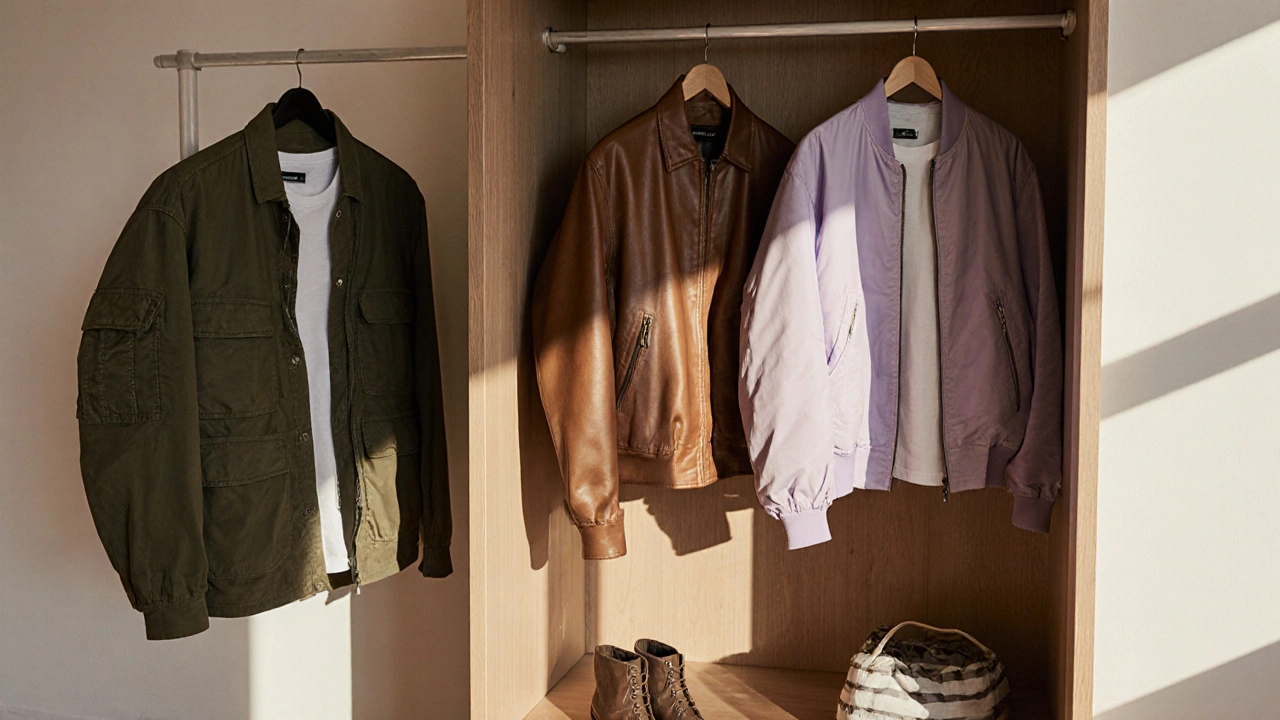 Minimalist loft showing a leather jacket, pastel bomber, and olive utility jacket on hangers.