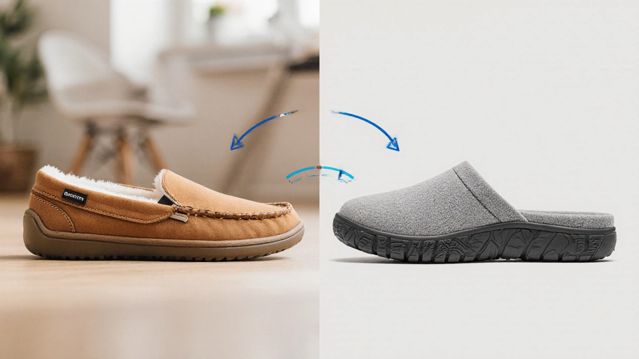 Side‑by‑side illustration of a cheap slipper versus a supportive, breathable slipper with arch and grip.