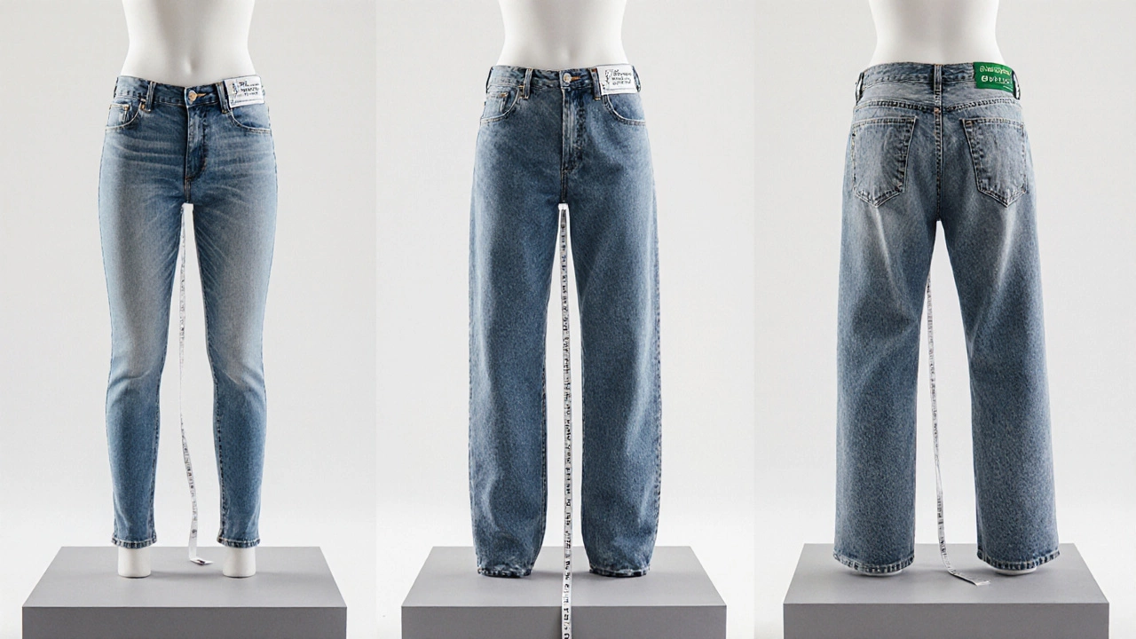 Side‑by‑side studio display of skinny, straight‑leg and relaxed‑fit jeans with eco‑label tags.